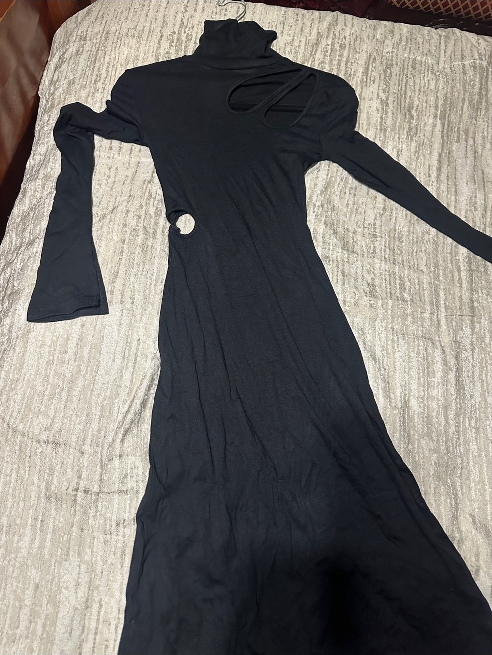 Commense Black Long Sleeve Turtleneck Dress with Cutouts